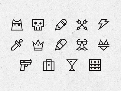 Adventure Icon Set arrow bikini briefcase cat crown drink face gun pen pencil skull sword