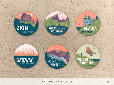 National Park Icons badge beach city icon landscape logo low poly mountain national park patch pin tree