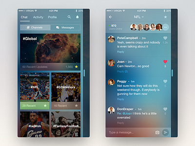 AppFriends Channels activity app chat feed ios like message mobile social transparent ui ux