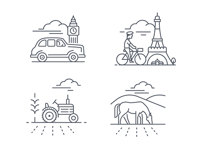 New Icon Style big ben bike cab car eiffel tower horse icon illustration london paris pasture tractor