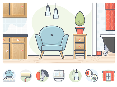 Editorial Illustration for AAA apartment decorating interior decorating ligne claire rental