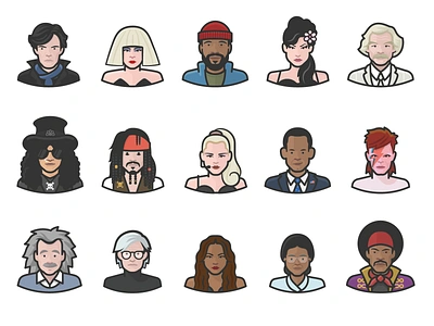 Diversity Avatars Celebrities Preview albert einstein amy winehouse avatar benedict cumberbatch beyonce celebrity david bowie face jack sparrow jimi hendrix lady gaga madonna mark twain mavin gaye people president barack obama rosa parks slash warhol ziggy stardust