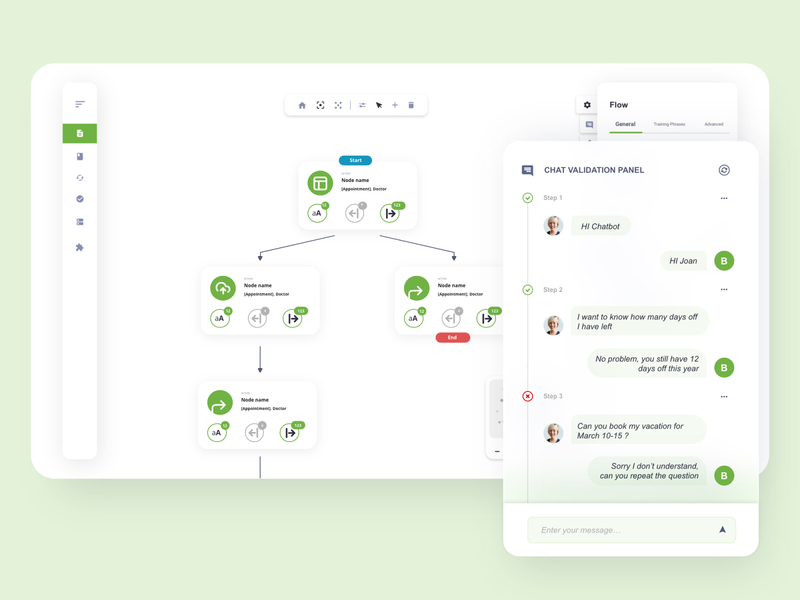 Flow map diagram with expandable chat details app canvas chat chatbot data flow design diagram flow gojs message toolbar ui