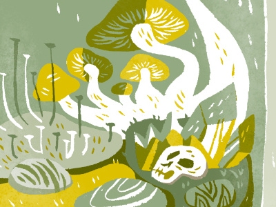 mushroom terrarium print fungi illustration lichen mushroom mustard print skull stones terrarium wishbow