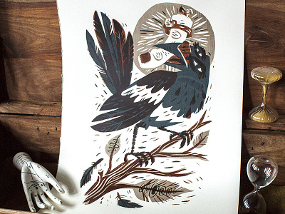 Magpie - Three Color Screenprint crow diy illustration magpie occult print raven screenprint