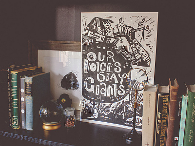 Our Voices Slay Dragons - Women's March on Washington Poster black charity feminism illustration knight linoleum oil printmaking women