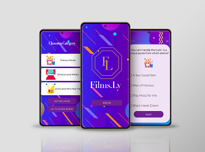 Films.Ly Quiz App 90s android app app design app ui artdeco branding design emulator flat illustration illustrator kotlin markdown quiz app ui ux vector