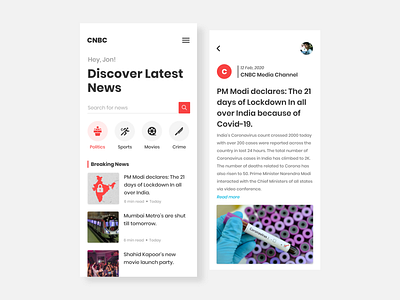 NewsFeed / Blog UI Concept adobe xd app blog breaking news category channel clean concept coronavirus design hierarchy lockdown news newsfeed poppins proximity read more red search trending