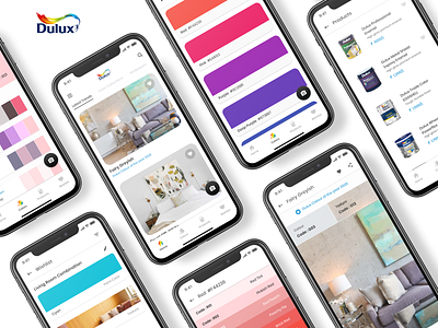 Dulux Visualizer Re-design Concept card clean colour concept dulux figma floating button homepage menu bar minimal navbar paint product search swatches tabs uidesign uiux uxdesign wishlist