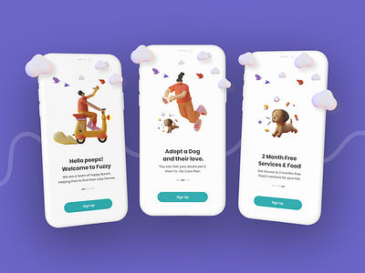 Onboarding Screens - 3D Illustrations 3d apps branding clay mockup clean concept dog app figma illustrations minimal mobile onboarding screen poppins signup uiux designer uiuxdesign