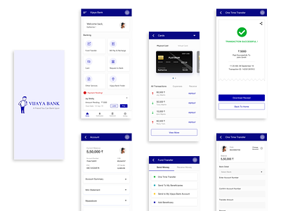 Re-Design Of Banking App- Vijaya Bank account adobe xd app bank banking app blue card ui clean concept flow menu minimal mobile money payment redesign redesign concept service transfer ui