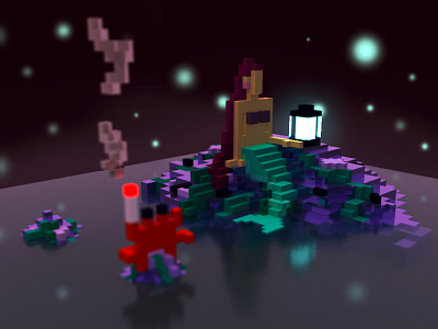 Peaceful, at night, calm crab cute light magicavoxel marmaid night ocean peace rocks sea voxel