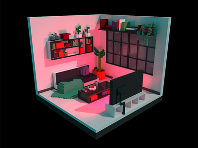 Room 3d blue environment magica mood pink red voxels