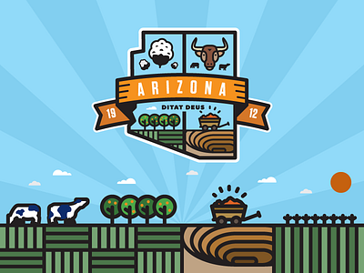 Arizona's 5 Cs - The Great Crest of the State of Arizona (Color) arizona cattle copper cotton cow crest illustration line rise seal state sun