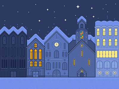 Winter Night buildings house illustration lines night street winter