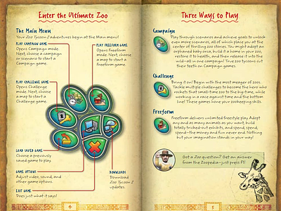 Zoo Tycoon 2 game manual (2008) | UI spread content design content experience content management content production creative collaboration game manual gameplay games for windows kids microsoft microsoft games studios pc games user centered design user experience windows xbox xbox 360 zoo tycoon zoo tycoon 2