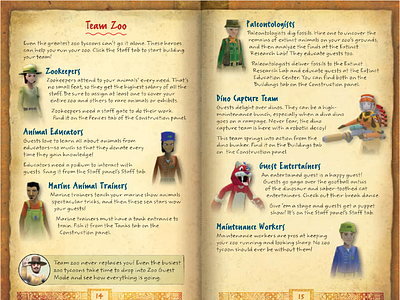 Zoo Tycoon 2 game manual (2008) | Team Zoo spread content design content experience content management content production creative collaboration game manual gameplay games for windows kids microsoft microsoft games studios pc games user centered design user experience video game windows xbox xbox 360 zoo tycoon zoo tycoon 2