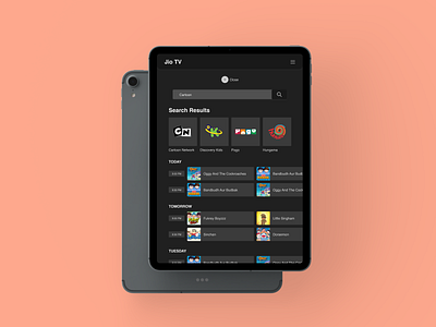 JioTV - Tablet Design | Full Page Search Results adobe xd app branding cartoon clean design druhin flat interaction jiotv minimal mobile movies schedule search tablet tv tv shows ui ux