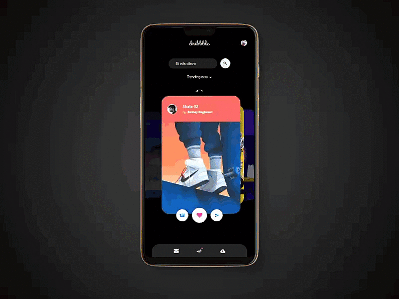 Dribbble App - Redesign Concept - Swipe adobe xd android animation app app design branding clean design dribbble druhin flat illustration like minimal mobile mockup redesign swipe ui ux