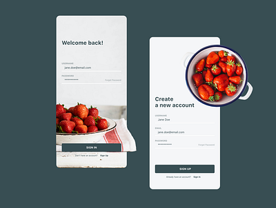 Strawberry App Sign In/Up app branding design icon illustration onboarding password sign in sign up ui username ux