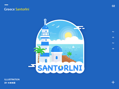 Illustration-Greece Santorlni illustration web 国外 地方 场景 小船 希腊 希腊景区 承包 放松 旅游 景区 椰子树 海边 清新 白云 蓝色