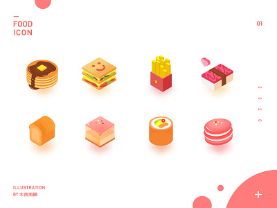 一组食物图标 illustration web 三明治 图标 寿司 甜食 薯条 蛋糕 面包 食物 马卡龙