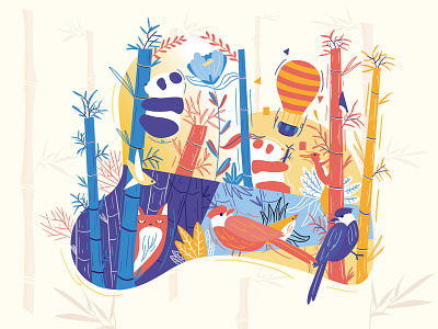 Panda bamboo forest Illustration bird design flat illustration illustrator panda typography ui 竹子
