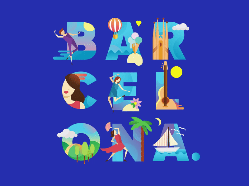 DASS in Barcelona animated animation branding camp character dancers dancing design graphic design illustration landscape letters motion travel vector world