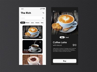 The Rich Coffee Shop coffee coffee shop dark ui mobile app design mobile ui uiux user interface