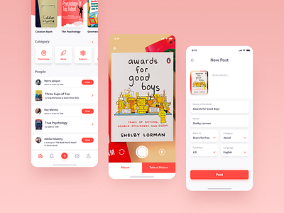 Post Book flows android app design book clean ios mobile ui novel pink share simple design ui user experience user interface ux white