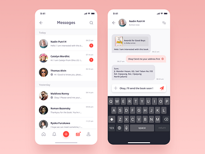 Messages Pages android app design book clean ios mobile app design mobile ui pink share simple simple design ui uiux user experience user interface white