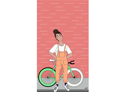 BICICLE GIRL bicicleta curly design ears eyes hair happy human illustration orange socks t shirt trainers wall wheels