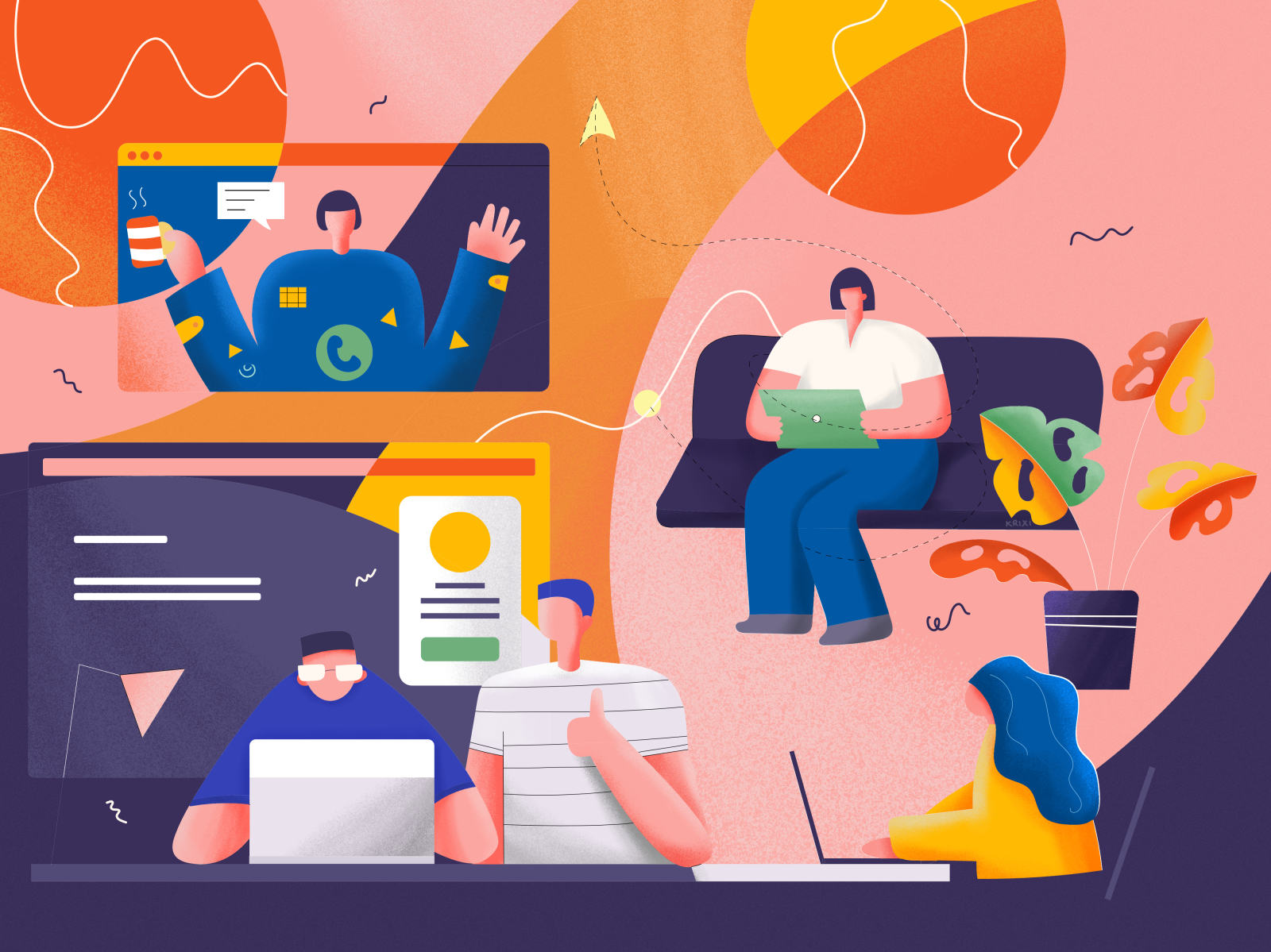 Working as a team appreciation character character design clean couch desk desktop facetime illustration illustration agency illustrator krixi lamp laptop office remote sofa talking tree website