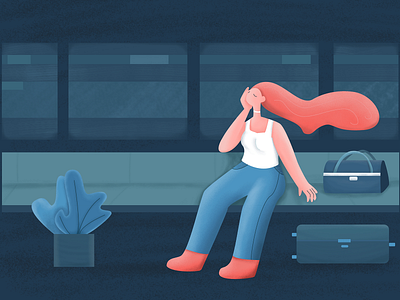 The girl on the train backpack backpacker bench character character design clean girl illustration illustrator krixi luggage metro sitting subway suitcase train travel travelling tree window