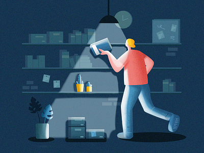 A man holding book in library board book books bookshelf bookshop bookstore character character design contrast dark mode hat holding illustration illustrator krixi lamp light noise storage wall