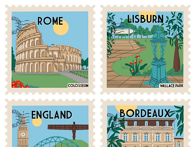 Stamps architecture buildings colour design designer illustration illustrator landmark landmarks location post stamp stamps travel