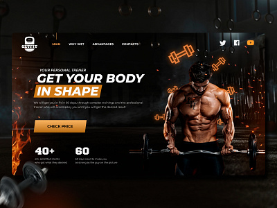 Landing page | GETFIT | Concept bodybuilder color concept dark design figma fire landing landingpage main muscle tilda ui ux web webflow wix