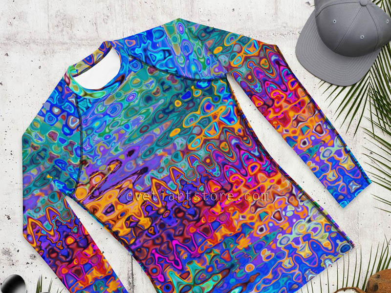 Men's Rash Guard AllOver Print Blue Orange Horizontal Splashes by