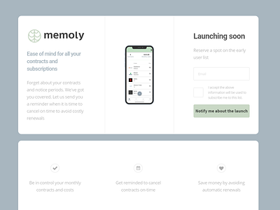 Memoly - Contract and Subscription Manager App app app design beta launch landing page landing page design memoly mobile app ui