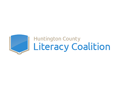 Literacy final logo blue book coalition huntington literacy logo logomark mark shield taupe