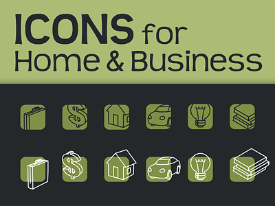 Icons for Home & Business books briefcase business buttons car dollar sign flat art home business house icons illustration light bulb thumbnails
