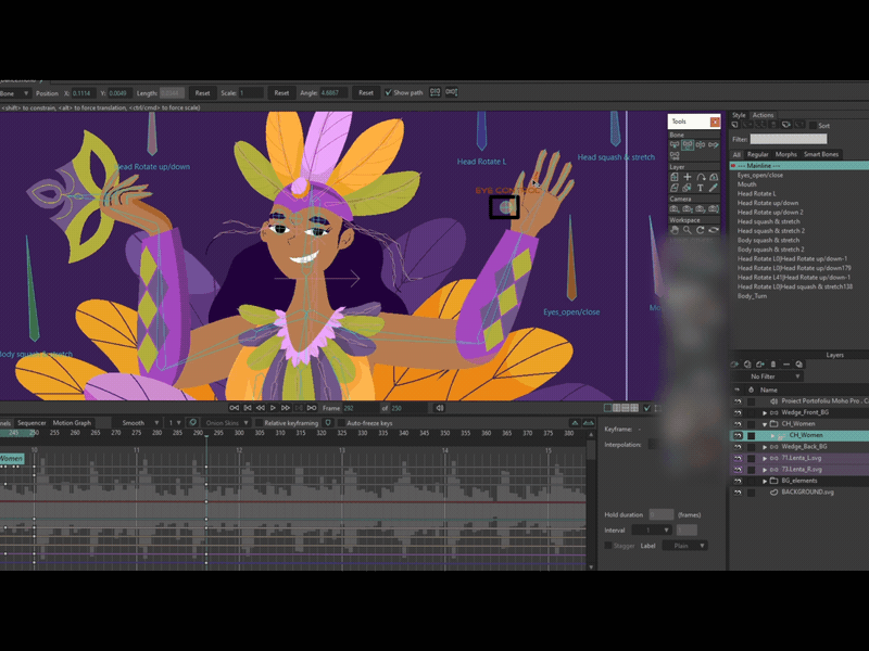 Personaj Lady Carneval Dance Rigging în Moho Pro 2d animation animation illustration moho pro vector
