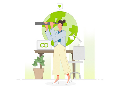 Vision & Strategy branding business casual business woman design desk globe houseplant illustration marketing strategy strategy telescope vector work from home