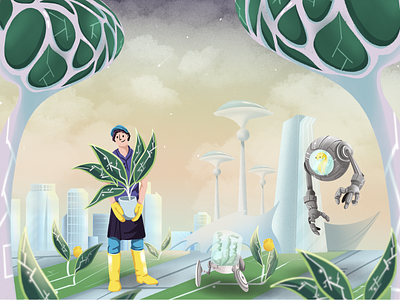 Cyberplants of Future // Solarpunk illustration cyber cyberplants future hero image illustration image pastel colours plant plants robot solarpunk vector web