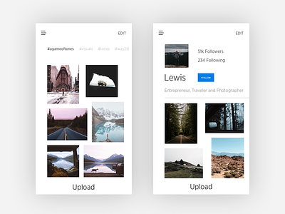 Image App app explore feed minimal mobile photography profile ui upload ux white