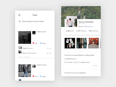 Social Media Image sharing app feed minimal mobile profile ui ux white