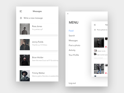 Social Media Image sharing app feed menu messages minimal mobile phone profile ui ux white