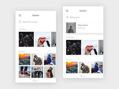 Social Media Image sharing app explore feed minimal mobile photography profile search ui ux white