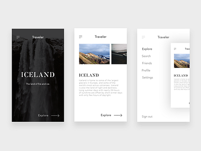 Traveler app clean iceland menu minimal on boarding simple travel ui ux white