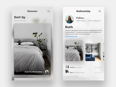 Interior Design app blur clean concept feed minimal mobile modern profile ui ux